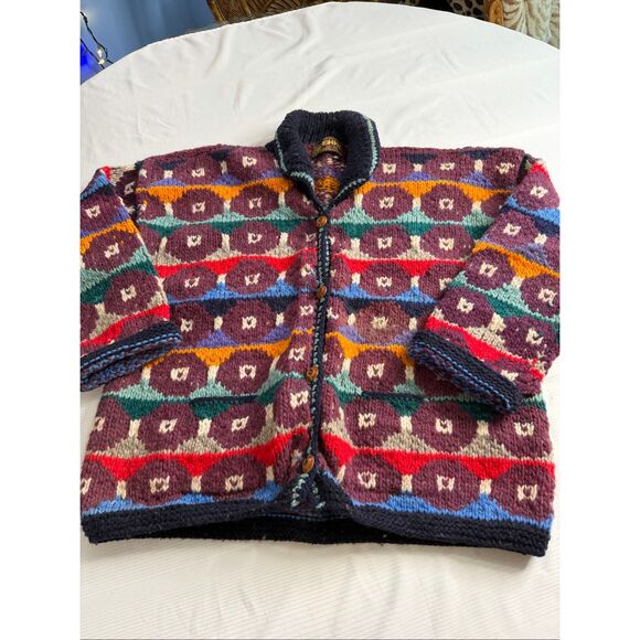 Ishka Sweaters - Artesanias Ishka Colorful Geometric Wool Heavy Knit Ecuador Sweater Jacket Sz XL